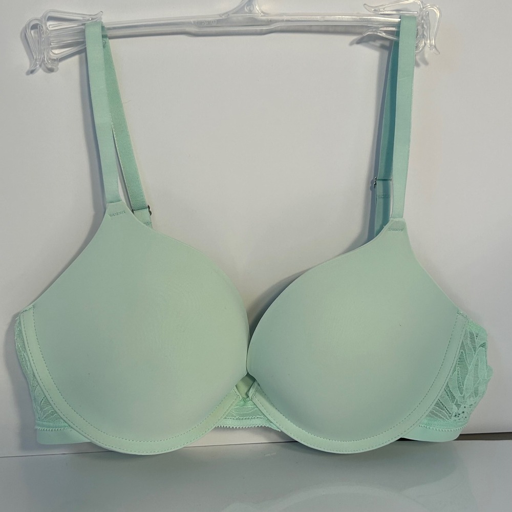 On Gossamer 34C Aqua Mint Lace Push Up Bra Underwire Adjustable Straps